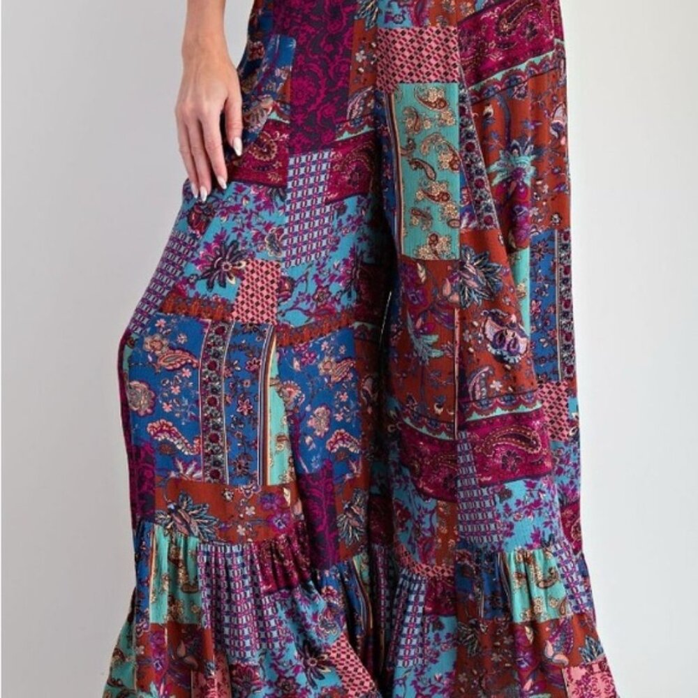 Easel Sage patchwork ruffle hem Pallazo PLUS SIZE Pants in plum & green 1X NWT - Picture 4 of 7